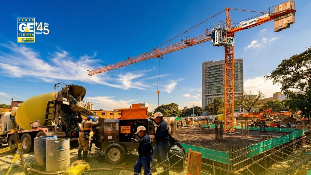 Torre grúa Potain de Grúas y Equipos operando junto a bomba de concreto en obra en Colombia